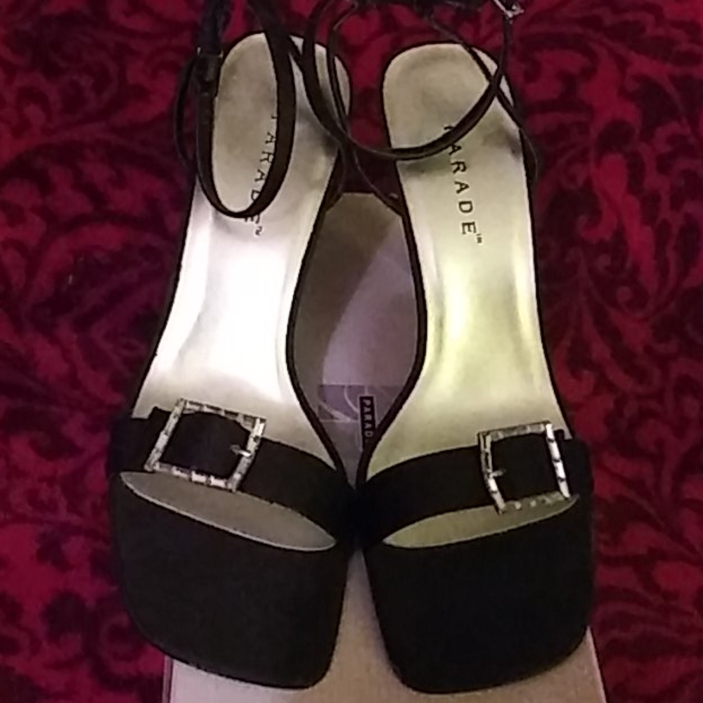 PARADE Black holiday satin ankle strap heels Vintage